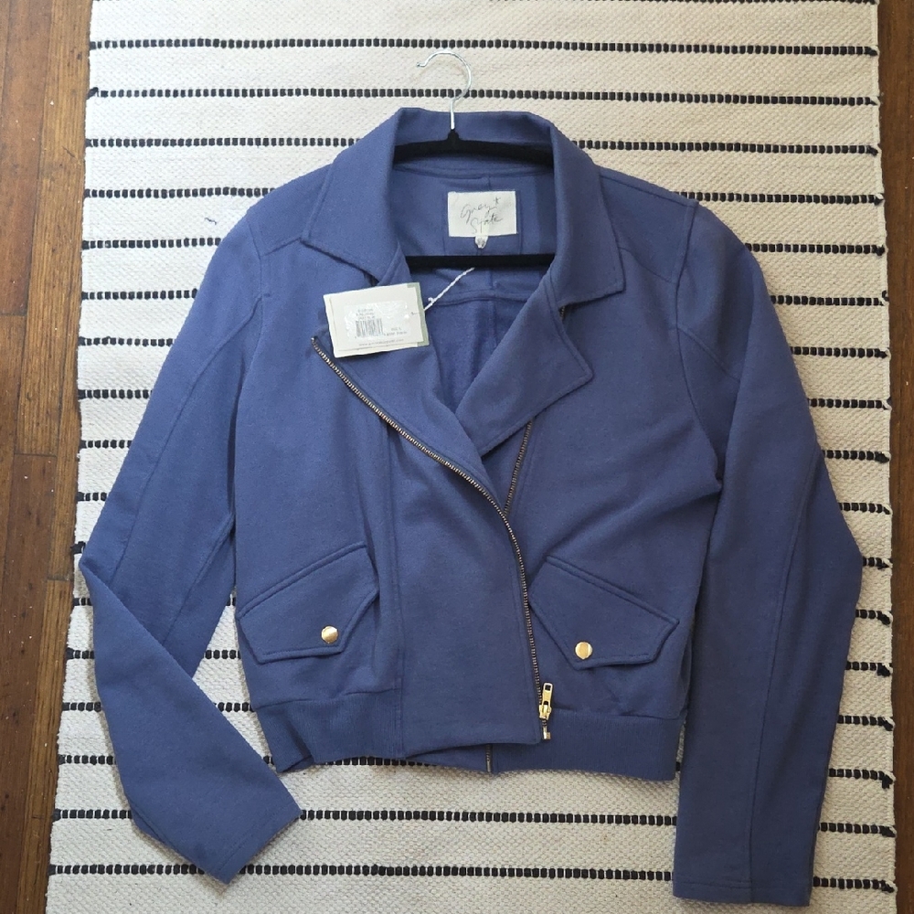 Grey State Navy Asymmetrical Moto Jacket